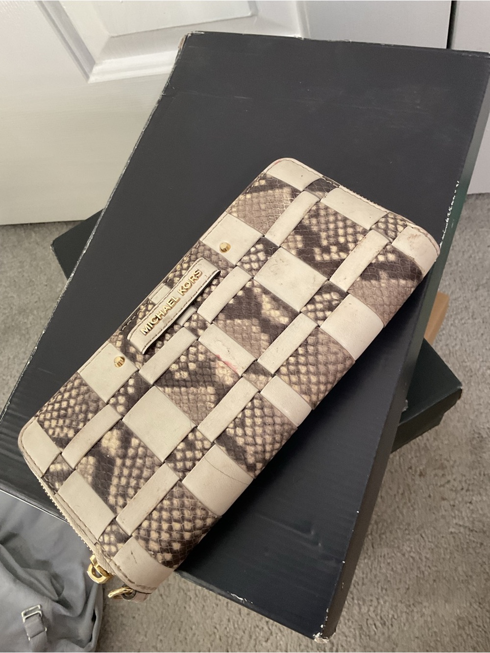 Michael Kors Woven Snake-Print Zip Wallet in Beige and Brown
